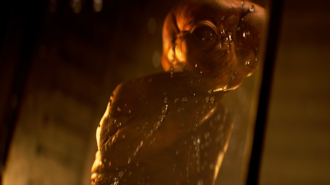 近战武器特写：一把改装霰弹枪枪托镶嵌着人骨雕饰与电子元件，枪管缠绕着散发幽蓝微光的生物导管，暗示科技与畸变的危险融合