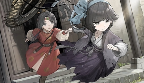 手绘风格温馨场景：穗与良并肩坐在简朴院中，桌上摊开书卷与茶具，夕阳为两人轮廓镀上暖金，画面充满宁静治愈的力量