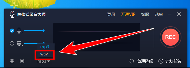 下拉格式菜单特写，WAV选项位于列表第二行，字体加粗并带有蓝色对勾标识，视觉突出