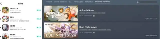 双平台榜单截图对比图：左侧TapTap页面显示《粒粒的小人国》高居预约榜首位，右侧Steam页面同款游戏标题旁标注‘Trending Now’徽章及7日榜首标识