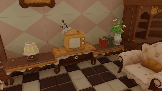 建造过程实录动图：玩家拖拽一枚蓝色玻璃弹珠放置于桌面，弹珠瞬间化作晶莹剔透的观景穹顶；随后将旧铅笔盒展开为三层收纳架，顶部自动浮现出迷你盆栽装饰