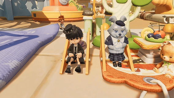 多人互动场景：五位不同造型的粒粒角色围坐在蒲公英绒球旁，一人手持放大镜观察蚂蚁，两人用麦秆吹泡泡，另两人躺在蒲公英伞盖上数云朵，画面右下角浮现半透明UI提示‘邻居来访中…’