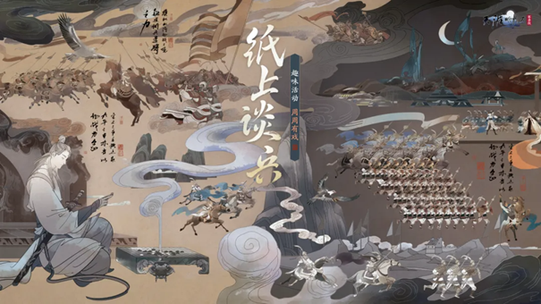 纸上谈兵沙盘界面：3D立体古战场模型上布满可移动兵力标记，右侧实时显示联盟结盟/宣战状态与资源流向箭头