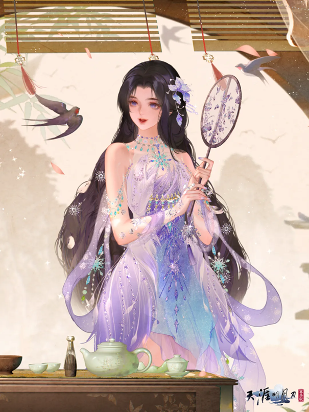 圣绣·萤雪时装特写：雪花状肩甲折射微光，裙摆边缘浮动半透明冰晶粒子特效