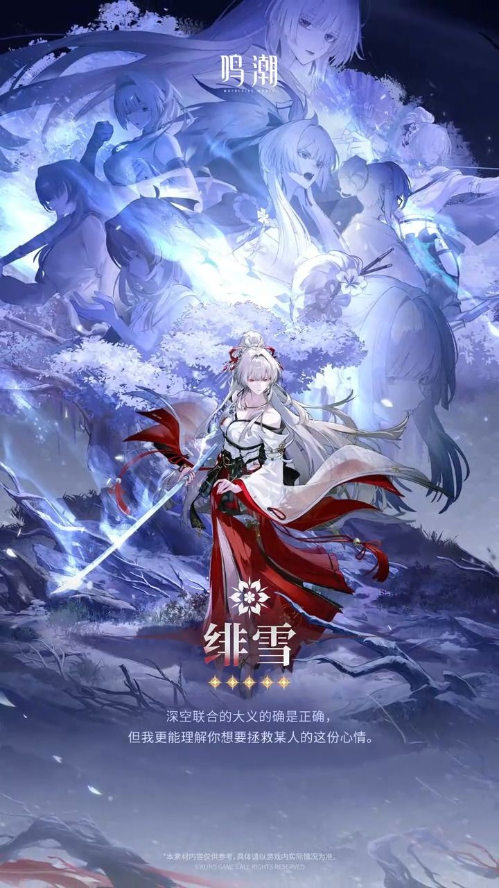 绯雪战斗演示截图：腾跃斩击瞬间冰雾炸裂，地面蔓延蛛网状寒霜，远处雪山轮廓在粒子光效中若隐若现