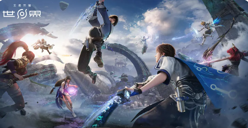 西施与元流之子双人协同作战特写：西施指尖浮现蓝色阵法光晕，地面浮现涟漪状能量圈；元流之子跃入圈中，周身缠绕金色剑气，正对三名被吸附定身的敌人挥出横扫一击