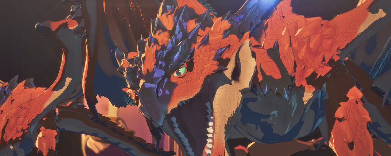 《怪物猎人物语3：命运双龙》游戏主视觉图：主角骑乘巨龙飞跃火山地貌，背景为双月悬空的奇幻天空，画面色调炽烈而充满史诗感