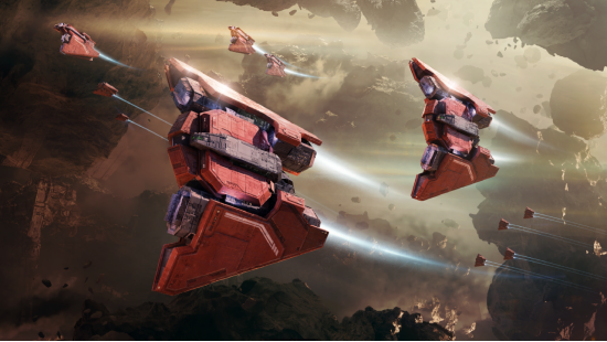 天璇-战机三维渲染图：流线型银灰机身搭载双联装离子溶解炮，尾焰呈幽蓝脉冲状，背景为星云环绕的太空战场