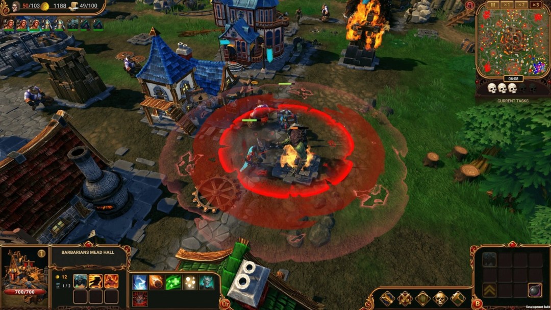 《莱萨里亚：英雄之歌》沙盒模式实机画面：俯视角王国全景，玩家基地中央矗立金色王座，四周分布农田、兵营与魔法塔，三支不同徽记的敌军部队正从地图边缘呈扇形逼近，天空飘浮着代表资源储量的动态UI光效