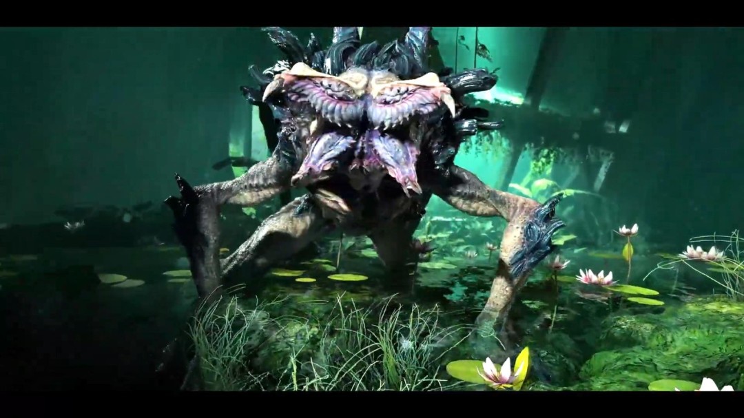 多角度展示异形巢穴内部：荧光菌丝覆盖穹顶，数百枚卵囊在微弱脉动，中央巨型抱脸体正从宿主胸腔破体而出，血雾弥漫