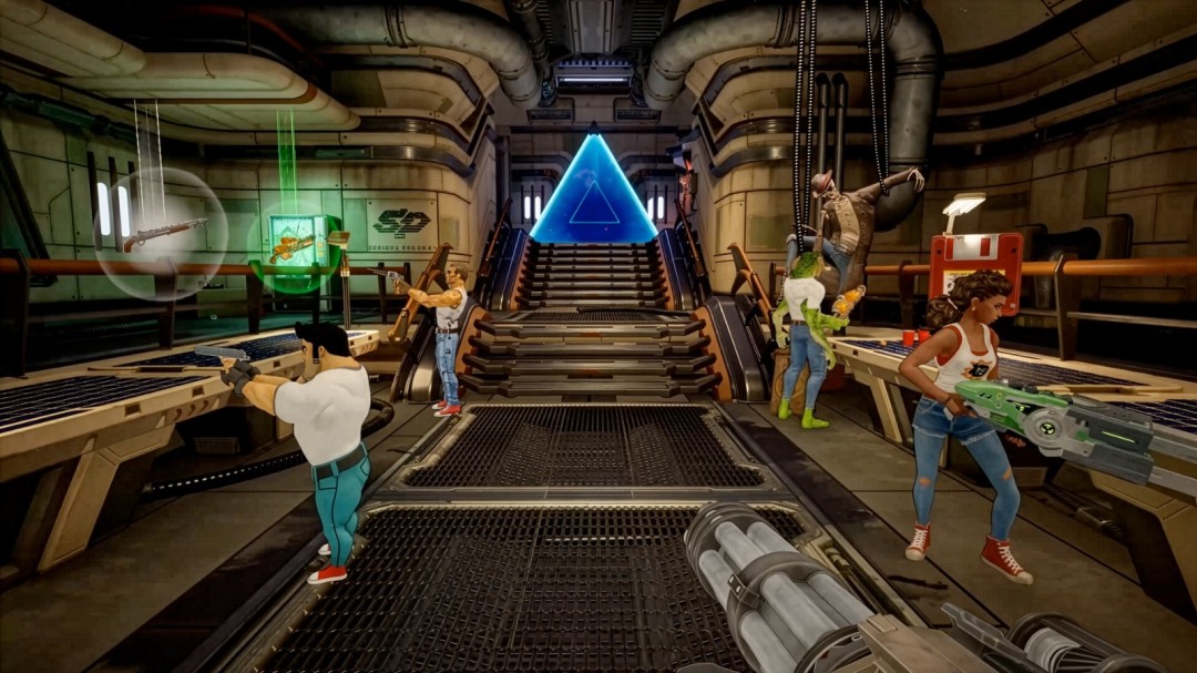 游戏实机截图8：动态环境特写，地面突然裂开露出熔岩深渊，两名玩家同时起跳，身后数个敌人坠入火海，空中飘散着燃烧的残骸