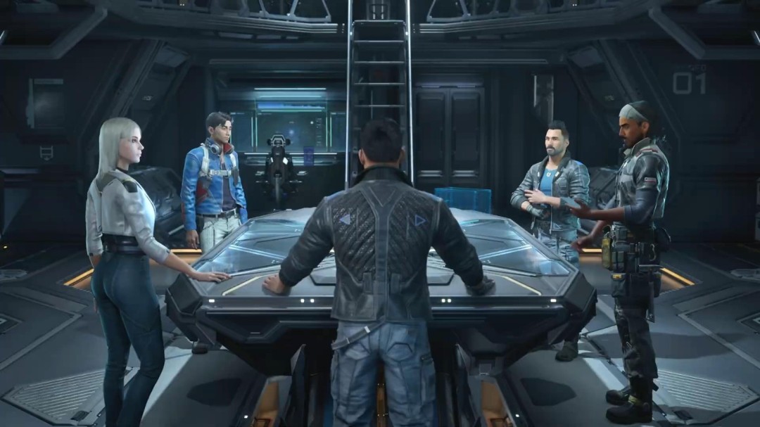 太空战俯视视角：小型护卫舰正规避巨型采矿平台发射的能量束，舰体左侧引擎喷射出不稳定的幽蓝色尾焰，舷窗外星辰高速掠过