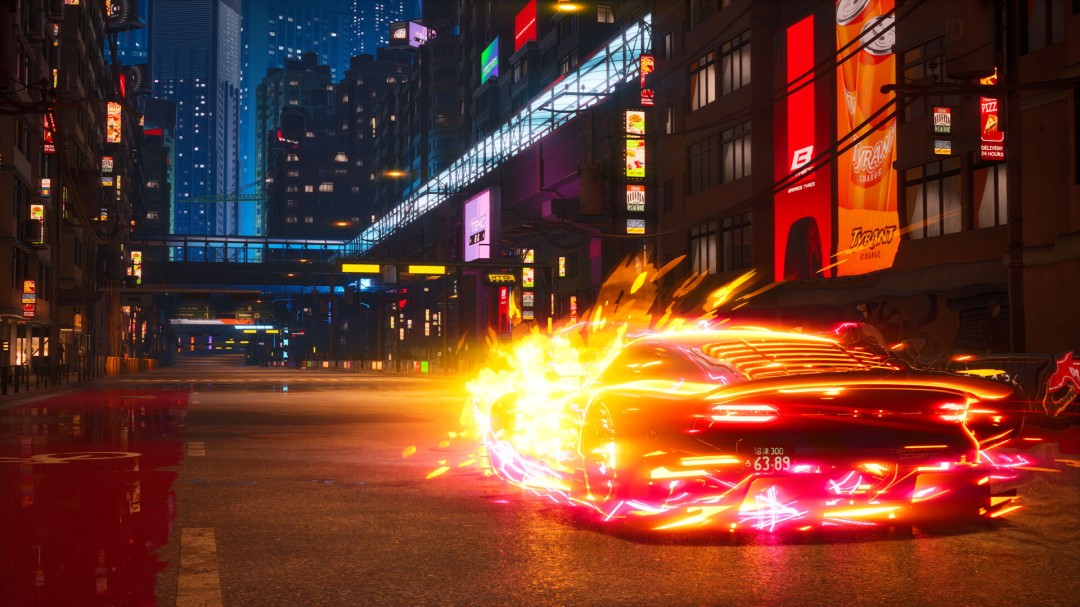 多车混战特写：三辆赛博改装车在狭窄管道内贴身缠斗，左侧车辆正释放蓝色EMP冲击波，中间车辆轮胎迸发火花，右侧车辆引擎盖弹出微型导弹发射器