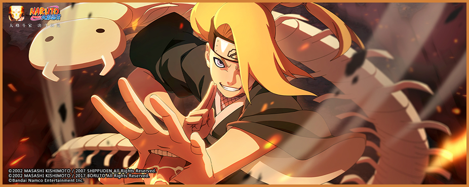 迪达拉「晓创生」立绘特写：黑底红云袍加身，左手缠绕起爆粘土丝线，右眼机械义眼泛着冷光，背景中悬浮多枚微型黏土鸟，整体风格凌厉而富有动态张力