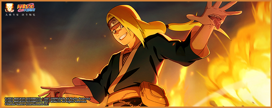 粘土试炼章节界面：左侧为迪达拉年轻时期画像，右侧为三幕式剧情卡片——‘崩塌的故乡’‘砂隐的败北’‘晓的邀约’，每张卡片附带进度条与解锁奖励图标