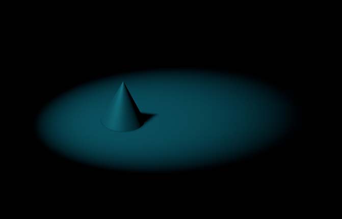 Cinema 4D界面中搭建的基础场景：白色圆锥体置于灰色平面之上，构图简洁，为灯光测试提供标准参照