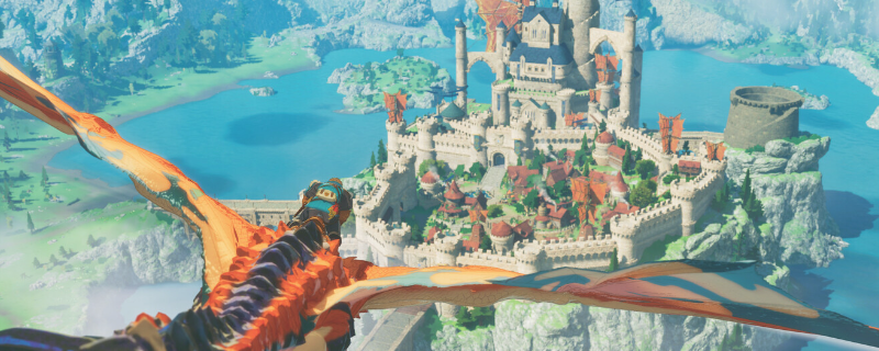 《怪物猎人物语3：命运双龙》卡纳尔塔深林场景截图，葱郁森林中数只牙猎犬悠然踱步，远处可见木屋轮廓与袅袅炊烟，画面色调温暖治愈