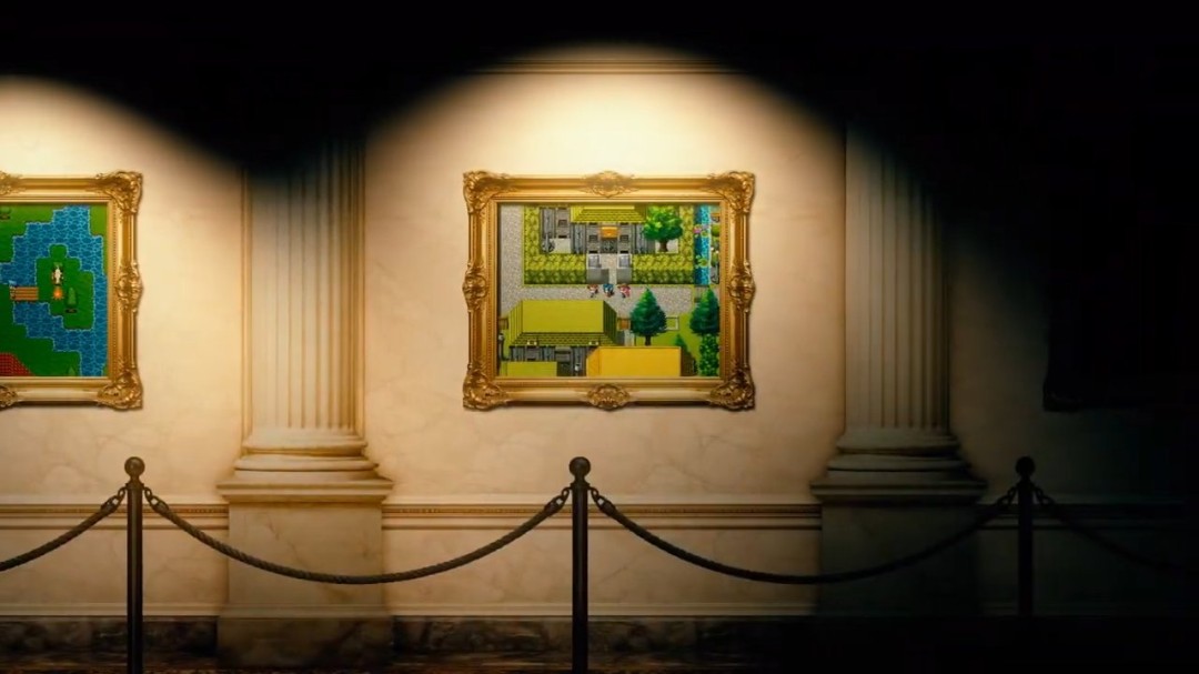 对比示意图：上半部分为传统RPG Maker 2D俯视角地图，下半部分为同一地图的HD-2D重构版——地面纹理立体化、建筑带体积感与投影、角色行走时镜头轻微跟随