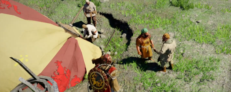 《红色沙漠》游戏内实机画面：黄昏下的格莱斯领地琥珀工坊，一座半坍塌的木质建筑旁散落着焦黑的热气球残骸，远处可见一辆悬浮于离地三米处、微微摇晃的古旧马车，车轮缓慢旋转，泛着幽蓝微光