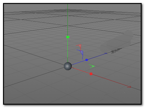 Cinema 4D界面特写：透视视图中一个被缩小的白色球体悬浮于网格中央，界面左上角显示软件Logo与版本信息