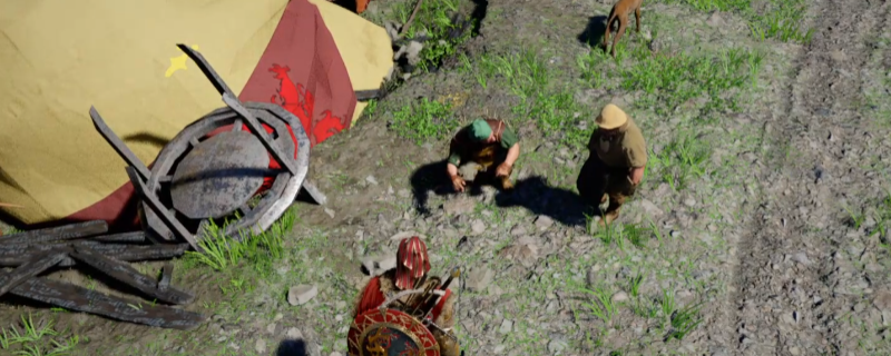 《红色沙漠》游戏内场景：格莱斯领地琥珀工坊外观，黄褐色砂岩建筑群环绕着泛着琥珀色微光的巨型穹顶，数根铜管从中延伸而出，背景可见悬浮于低空的破损热气球残骸