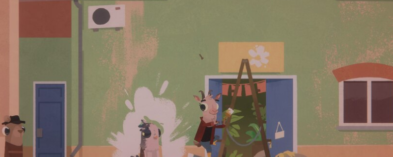 《豪猪镇之秋》游戏画面：秋日暖阳下的静谧河岸，弗劳克身着米色风衣坐在岸边木凳上专注钓鱼，水面倒映着金黄银杏与微澜，氛围宁静治愈