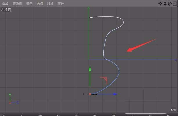 右视图窗口中正在绘制的贝塞尔曲线，控制点与切线手柄清晰可见，线条呈优雅弧形