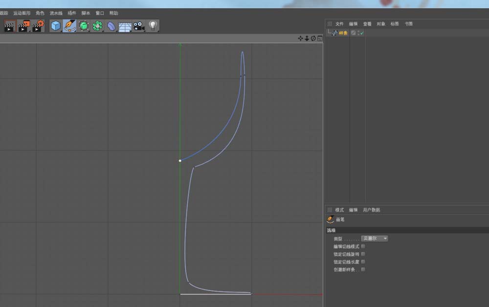 正视图中一条流畅的杯身剖面线已绘制完成，线条从底部中心向上延伸再向右弧形收窄，末端精准落于Y轴上