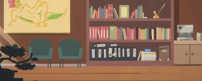 《豪猪镇之秋》游戏界面截图：阴郁色调下的老旧医院正门，右侧可见一扇半开的二楼窗户，窗外飘着枯叶，暗示可交互区域