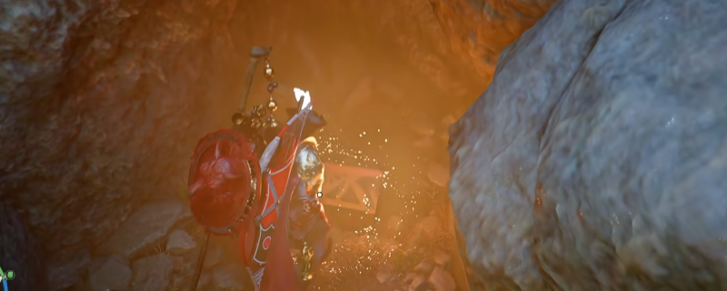 《红色沙漠》游戏中北风盾牌实物特写，盾面镌刻螺旋冰纹，边缘泛着凛冽寒光，背景为迷宫森林幽暗苔藓岩壁