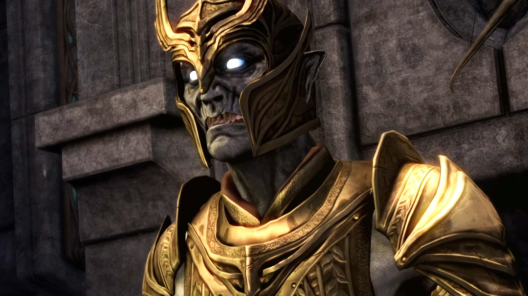 Skyblivion概念宣传图：黄昏下的帝都西罗帝尔恢弘全景，哥特式尖塔林立，天空飘浮着标志性湮灭裂缝，远处山峦叠嶂，光影层次细腻逼真