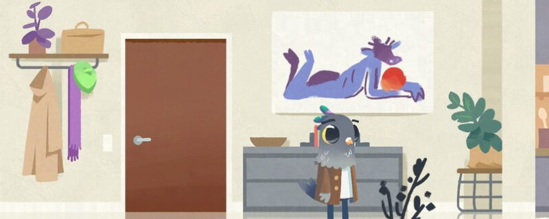 《豪猪镇之秋》游戏主界面截图：阴郁色调的公寓走廊，墙纸斑驳，一扇半开的门透出微光，地面静置一只橙色网球，氛围神秘而静谧