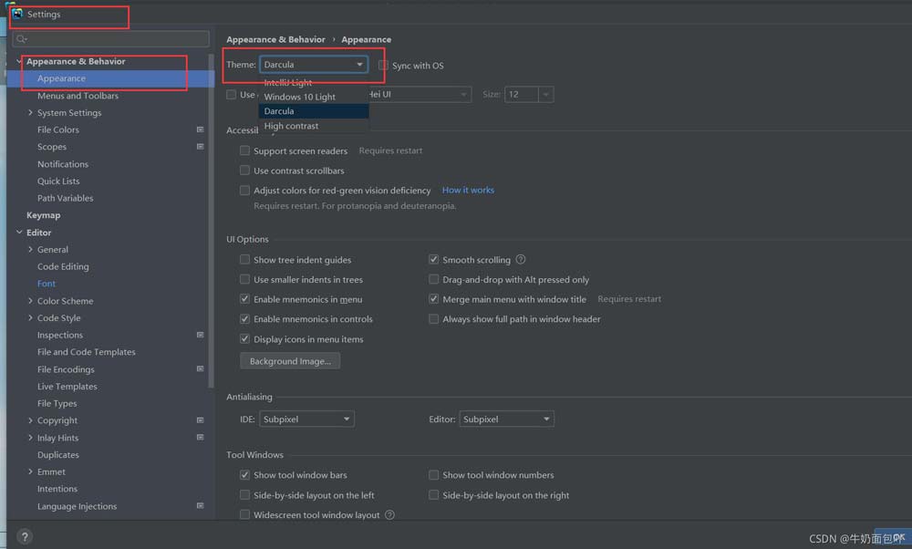 英文版主题设置面板，Appearance选项卡内Theme下拉菜单已选中Darcula，右侧实时预览深色界面效果