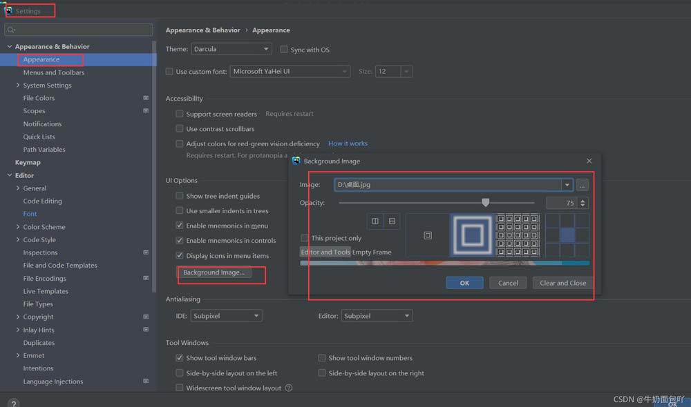 英文版背景图片设置界面，Background Image选项卡中Image按钮旁显示‘No image selected’，Opacity滑块位于40%刻度