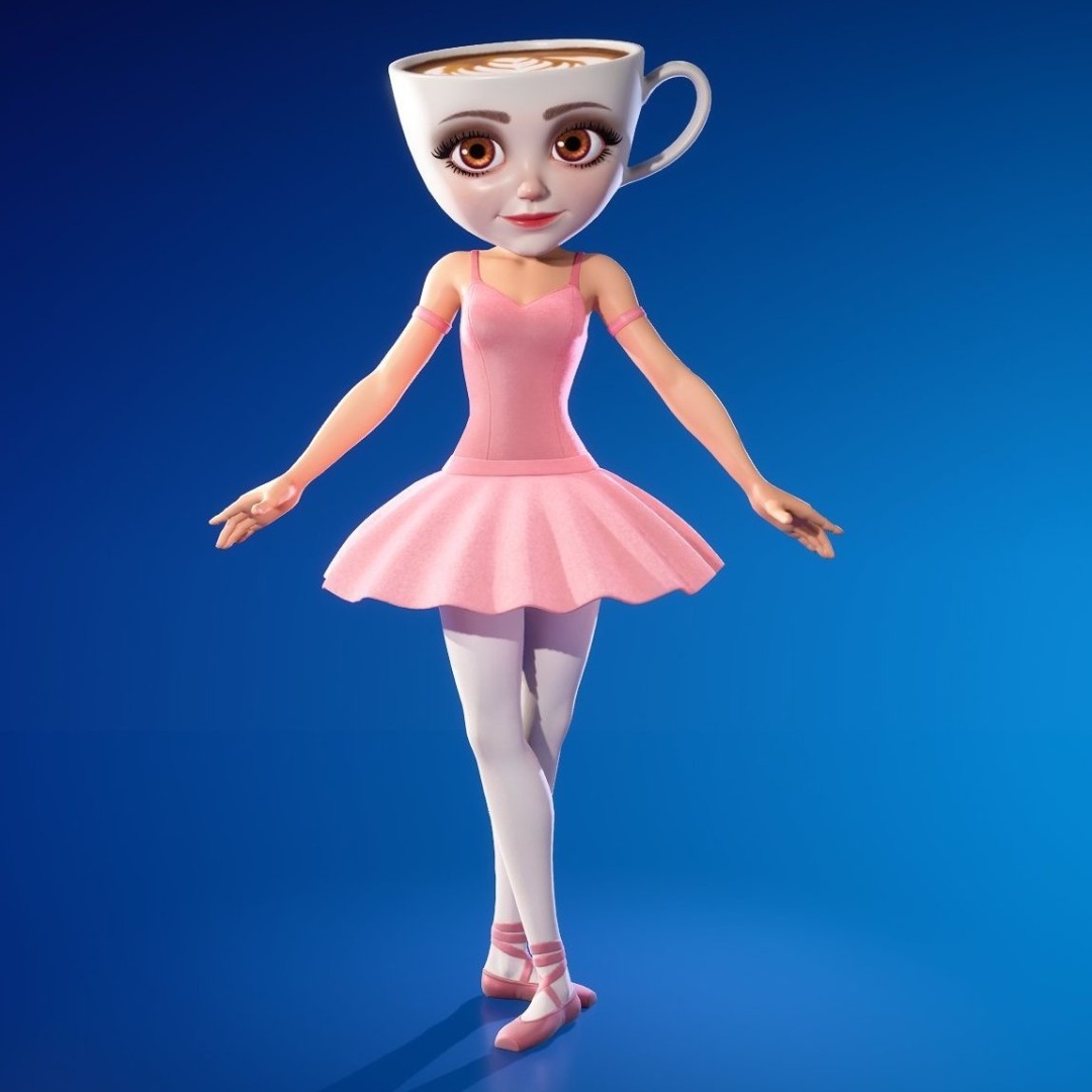 《堡垒之夜》皮肤‘芭蕾舞者卡普奇娜’官方展示图：角色姿态僵硬，裙摆纹理错乱，面部表情呆滞失真，整体呈现明显AI生成特征