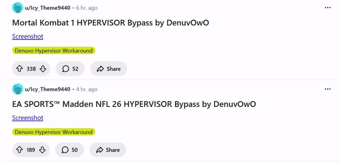 对比示意图：上半部分显示DenuvOwO破解工具界面，含‘D-VM Bypass Engine’标识与实时内存扫描进度条；下半部分为三款游戏图标并列排布，下方标注绿色‘PATCHED’标签