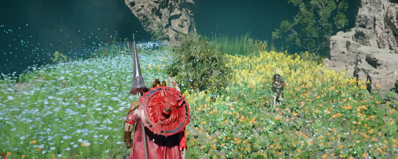 《红色沙漠》游戏内实机画面：西奥尔手炮特写，枪身布满蚀刻回路，枪口正散发淡蓝色能量辉光，背景为船头岬悬崖与翻涌海浪