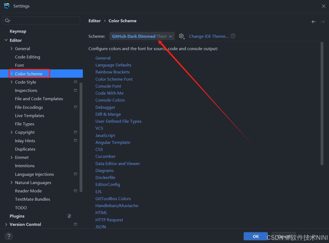 WebStorm配色方案选择弹窗，顶部标签页显示'Color Scheme'，下方列表中高亮选中'Darcula'主题，右侧预览区展示不同语法元素的色彩映射效果