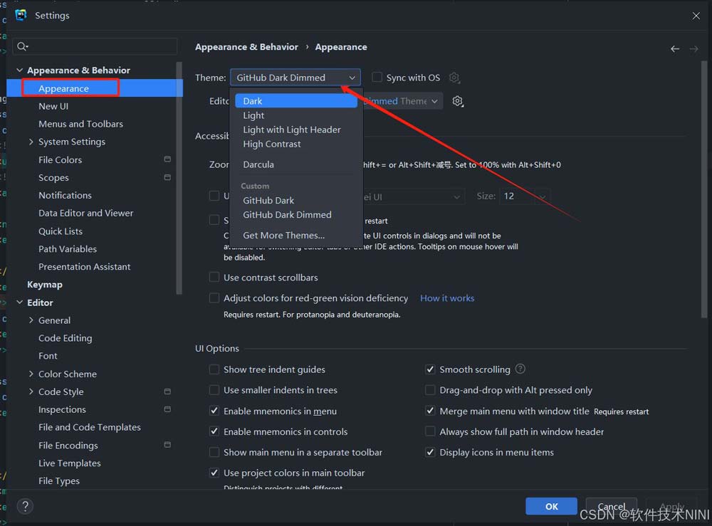 主题设置页面，左侧为Material Theme UI插件控制面板，中间显示当前激活的主题名称'Nord'，右侧为实时渲染的编辑器模拟界面，背景为柔和蓝灰渐变
