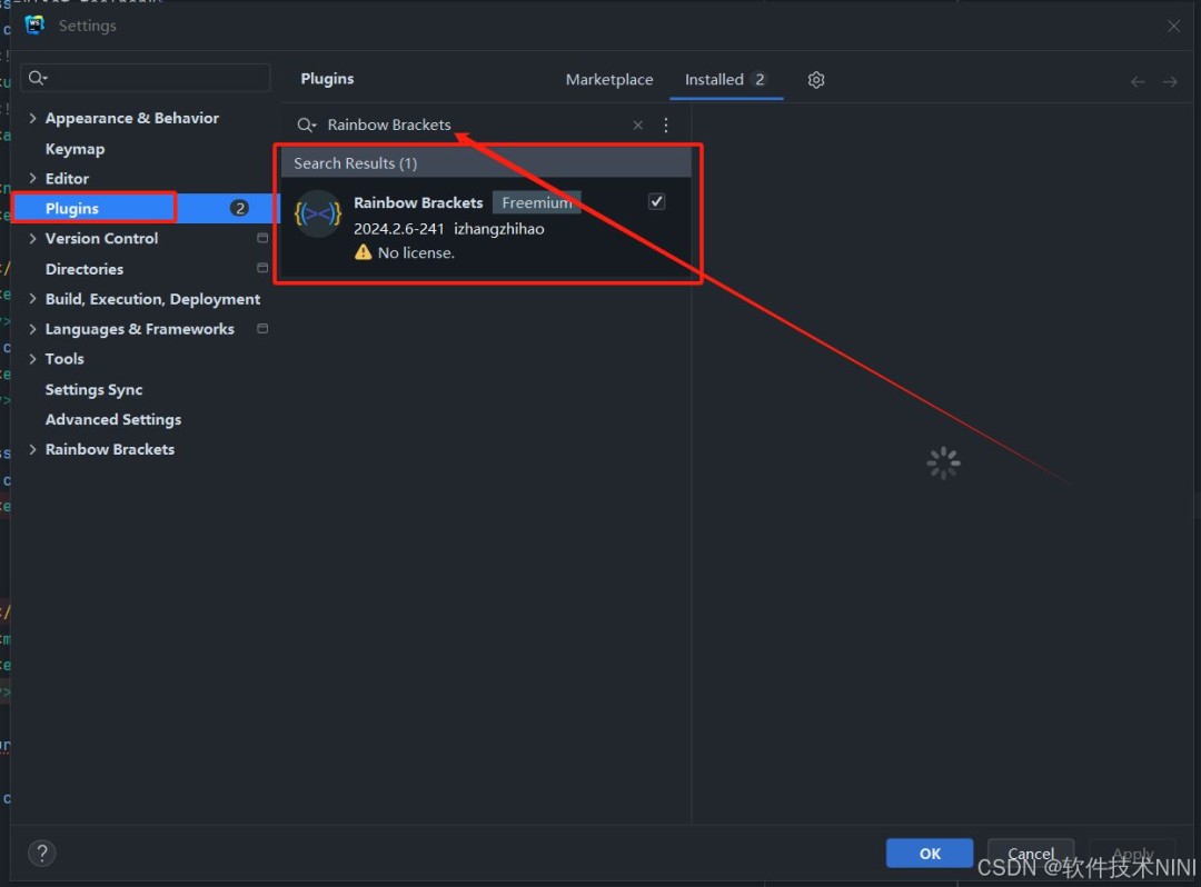 代码编辑界面截图，一段包含五层嵌套的箭头函数被Rainbow Brackets着色：最外层花括号为红色，第二层为橙色，第三层黄色，第四层绿色，最内层蓝色，括号边缘泛有微光效果