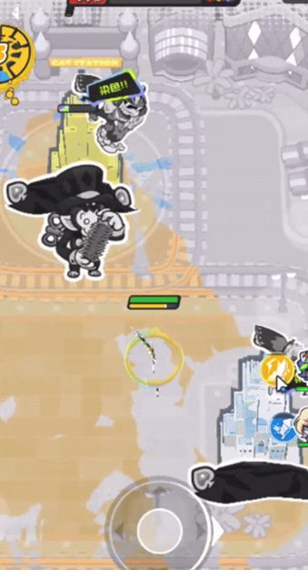 魔术猴BOSS战特写：黑斗篷猴子立于舞台中央，背后三座猩猩头像造型的摩天大楼正发射粉色光束，左上角一架老式飞机拖着白烟急速俯冲