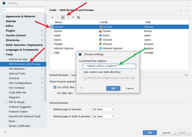 WebStorm浏览器配置界面截图，显示Chrome启动参数--remote-allow-origins=*与--remote-debugging-port已填入文本框
