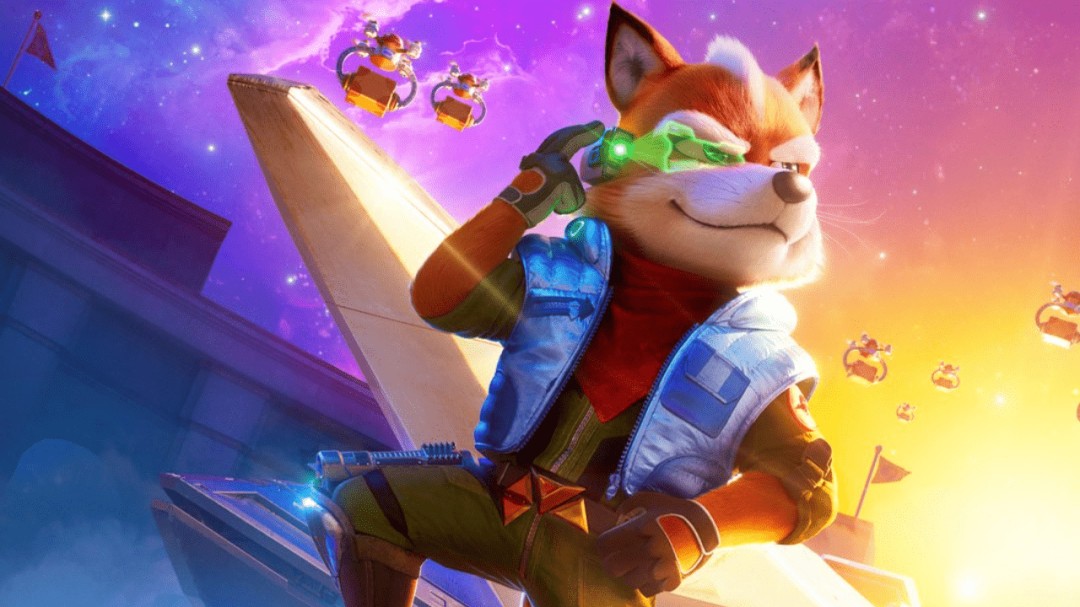 《超级马里奥银河大电影》剧照：福克斯·麦克劳德驾驶Arwing战机高速俯冲，机身泛着金属冷光，背景是璀璨星云与爆炸火光交织的太空战场