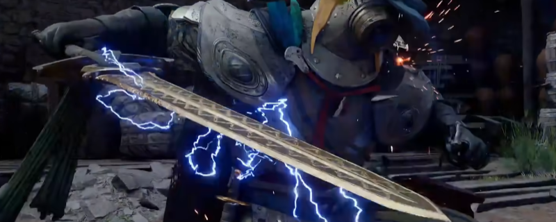 《红色沙漠》游戏内实机画面：泛着幽蓝电光的流线型机剑悬浮于破损机械骑士残骸上方，背景是布满管线与警示灯的前哨基地控制室