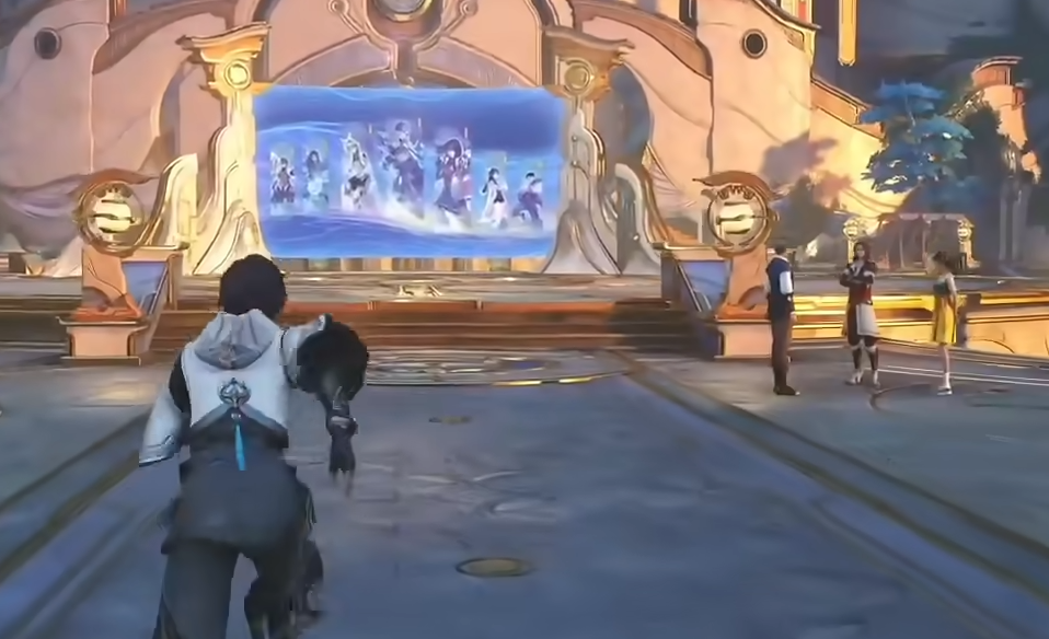 游戏CG片段：云中君立于坐骑背脊俯瞰云海，手中长剑划出金色轨迹，远处浮现‘第七章已解锁’全息字幕