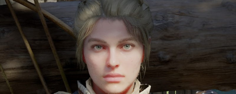 《红色沙漠》游戏内营地全景俯视角画面：中央为木质主建筑，四周环绕着正在耕作的NPC、冒烟的熔炉、围栏中的牲畜及远处采矿的队员，环境光影真实细腻