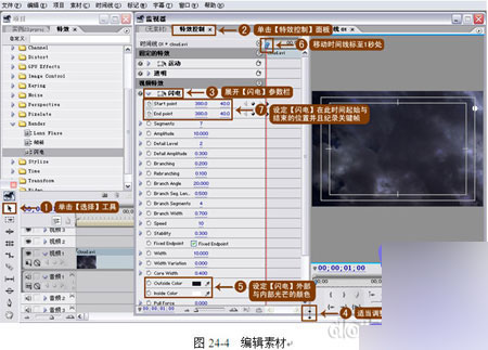 效果控件面板放大图：‘Lightning’滤镜参数区展开，‘Center X/Y’坐标值正在被鼠标拖动调整，‘Intensity’滑块位于78%刻度，下方关键帧曲线图显示‘Enable’属性在0.00秒突变为开启状态