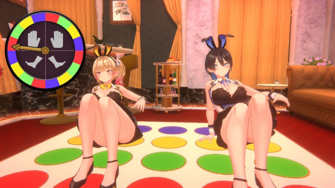 《兔兔秘密花园2》主视觉图：暖色调室内场景，三位风格各异的兔女郎微笑着站在吧台后，背景是木质书架与柔和灯光，整体呈现温馨慵懒的深夜俱乐部氛围