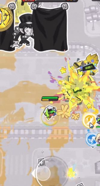 BOSS魔术猴高举双臂掀起黑色斗篷，一架卡通风格小飞机正从斗篷阴影中呼啸而出，飞向左下角玩家角色位置