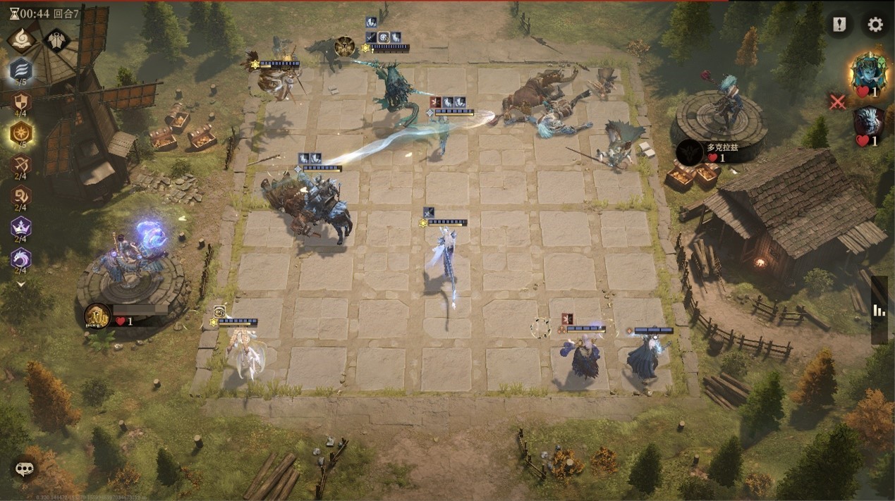 胜利结算画面：残血角色立于王座之上，脚下碎裂的敌人棋子泛着微光，背景浮现‘1血通关’鎏金徽章与‘魔棋宗师’称号浮雕